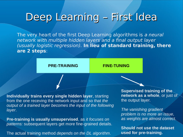 Deep Learning – First Idea
Deep Learning – First Idea
The very heart of the first Deep Learning algorithms is a neural
network with multiple hidden layers and a final output layer
(usually logistic regression). In lieu of standard training, there
are 2 steps:
PRE-TRAINING FINE-TUNING
Individually trains every single hidden layer, starting
from the one receving the network input and so that the
output of a trained layer becomes the input of the following
layer.
Pre-training is usually unsupervised, as it focuses on
patterns: subsequent layers get more fine-grained details.
The actual training method depends on the DL algorithm.
Supervised training of the
network as a whole, or just of
the output layer.
The vanishing gradient
problem is no more an issue,
as weights are almost correct.
Should not use the dataset
used for pre-training.
