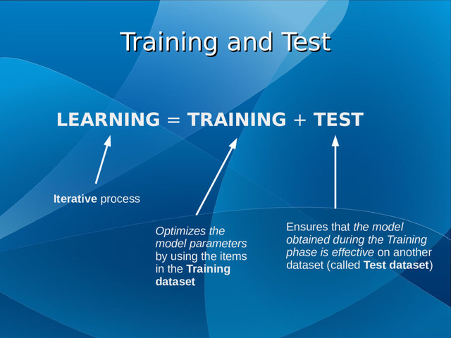 Training and Test
Training and Test
LEARNING = TRAINING + TEST
Iterative process
Optimizes the
model parameters
by using the items
in the Training
dataset
Ensures that the model
obtained during the Training
phase is effective on another
dataset (called Test dataset)
