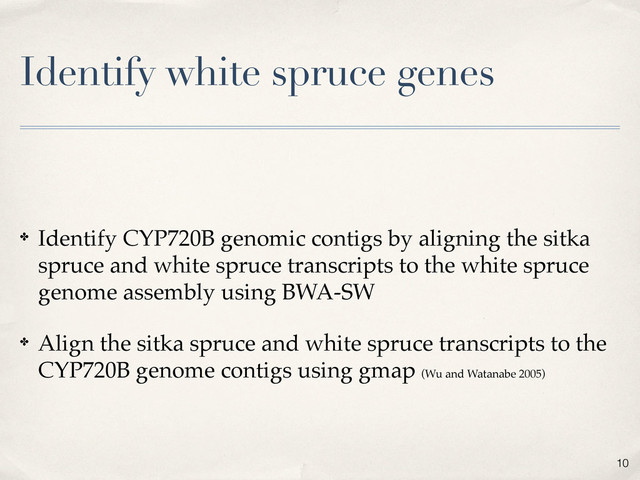 Identify white spruce genes
✤ Identify CYP720B genomic contigs by aligning the sitka
spruce and white spruce transcripts to the white spruce
genome assembly using BWA-SW
✤ Align the sitka spruce and white spruce transcripts to the
CYP720B genome contigs using gmap (Wu and Watanabe 2005)
10
