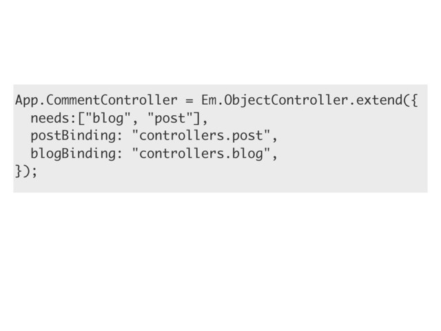 App.CommentController = Em.ObjectController.extend({
needs:["blog", "post"],
postBinding: "controllers.post",
blogBinding: "controllers.blog",
});
