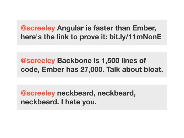 @screeley Angular is faster than Ember,
here's the link to prove it: bit.ly/11mNonE
@screeley Backbone is 1,500 lines of
code, Ember has 27,000. Talk about bloat.
@screeley neckbeard, neckbeard,
neckbeard. I hate you.
