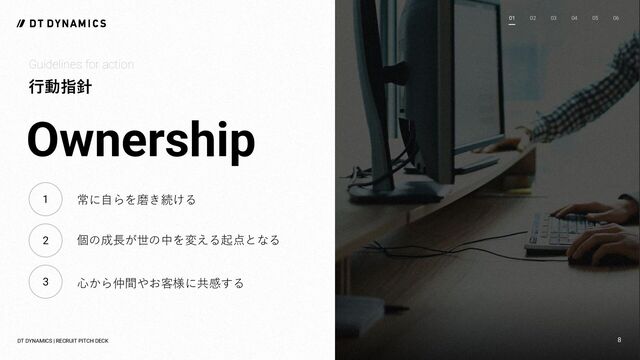 Ownership
常に自らを磨き続ける
個の成長が世の中を変える起点となる
心から仲間やお客様に共感する
1
2
3
行動指針
Guidelines for action
01 02 03 04 05 06
DT DYNAMICS | RECRUIT PITCH DECK 8

