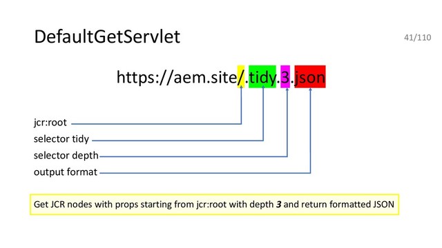 DefaultGetServlet
https://aem.site/.tidy.3.json
jcr:root
selector tidy
selector depth
output format
Get JCR nodes with props starting from jcr:root with depth 3 and return formatted JSON
41/110

