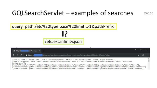 GQLSearchServlet – examples of searches
query=path:/etc%20type:base%20limit:..-1&pathPrefix=
/etc.ext.infinity.json
55/110
