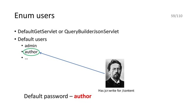 Enum users
• DefaultGetServlet or QueryBuilderJsonServlet
• Default users
• admin
• author
• …
Has jcr:write for /content
Default password – author
59/110
