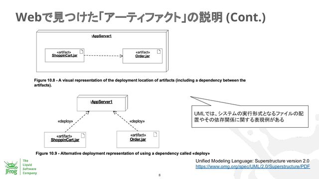 Webで見つけた「アーティファクト」の説明 (Cont.)
8
Unified Modeling Language: Superstructure version 2.0
https://www.omg.org/spec/UML/2.0/Superstructure/PDF
UMLでは、システムの実行形式となるファイルの配
置やその依存関係に関する表現例がある
