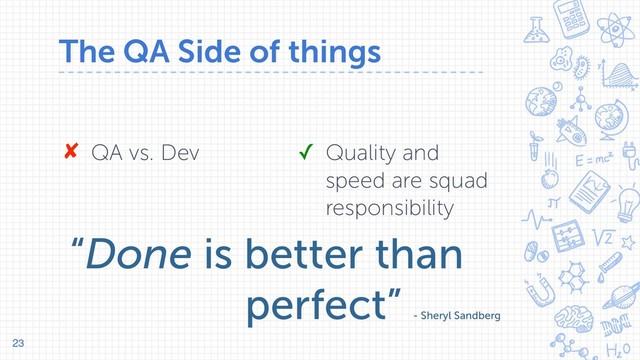 The QA Side of things
23
✘ QA vs. Dev ✓ Quality and
speed are squad
responsibility
“Done is better than
perfect”
- Sheryl Sandberg
