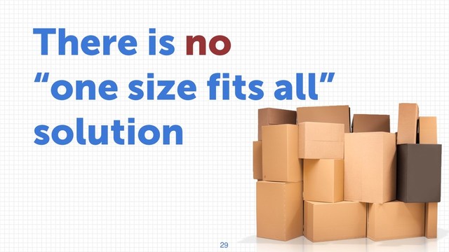 29
There is no
“one size fits all”
solution
