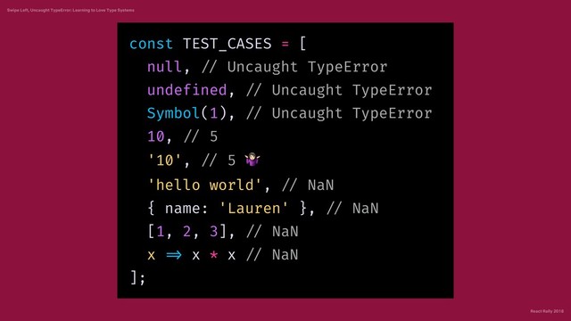 React Rally 2018
Swipe Left, Uncaught TypeError: Learning to Love Type Systems
const TEST_CASES = [
null, // Uncaught TypeError
undefined, // Uncaught TypeError
Symbol(1), // Uncaught TypeError
10, // 5
'10', // 5 "
'hello world', // NaN
{ name: 'Lauren' }, // NaN
[1, 2, 3], // NaN
x => x * x // NaN
];
