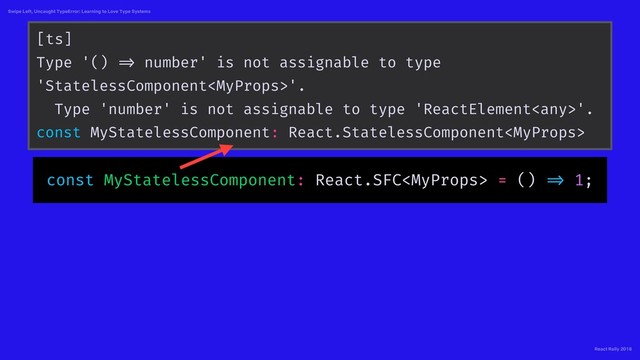 React Rally 2018
Swipe Left, Uncaught TypeError: Learning to Love Type Systems
const MyStatelessComponent: React.SFC = () => 1;
[ts]
Type '() => number' is not assignable to type
'StatelessComponent'.
Type 'number' is not assignable to type 'ReactElement'.
const MyStatelessComponent: React.StatelessComponent
