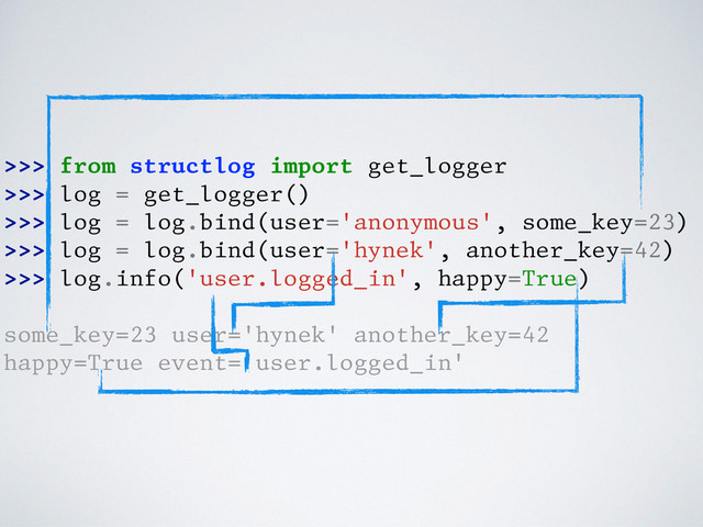 >>> from structlog import get_logger
>>> log = get_logger()
>>> log = log.bind(user='anonymous', some_key=23)
>>> log = log.bind(user='hynek', another_key=42)
>>> log.info('user.logged_in', happy=True)
some_key=23 user='hynek' another_key=42
happy=True event='user.logged_in'
