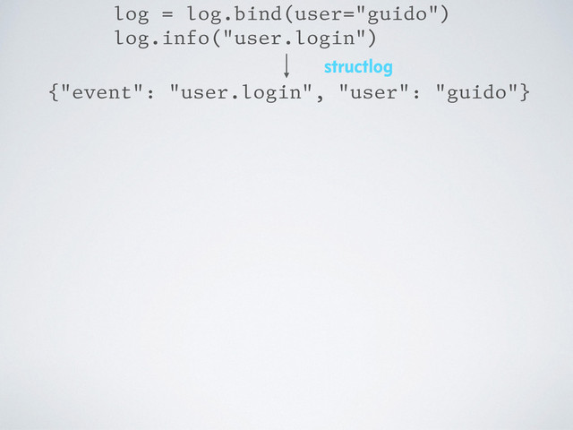 {"event": "user.login", "user": "guido"}
log = log.bind(user="guido")
log.info("user.login")
structlog
