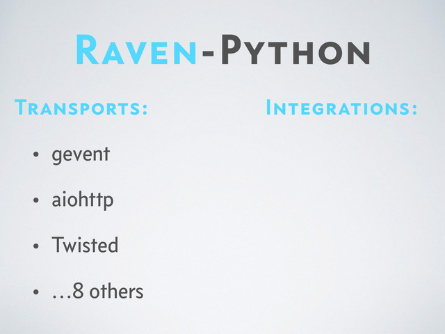 Raven-Python
Integrations:
Transports:
• gevent
• aiohttp
• Twisted
• …8 others
