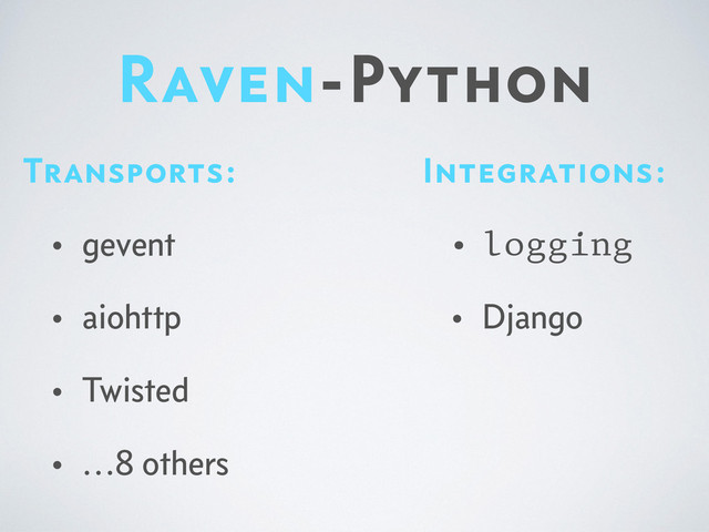 Raven-Python
Integrations:
• logging
• Django
Transports:
• gevent
• aiohttp
• Twisted
• …8 others
