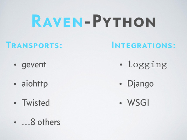 Raven-Python
Integrations:
• logging
• Django
• WSGI
Transports:
• gevent
• aiohttp
• Twisted
• …8 others
