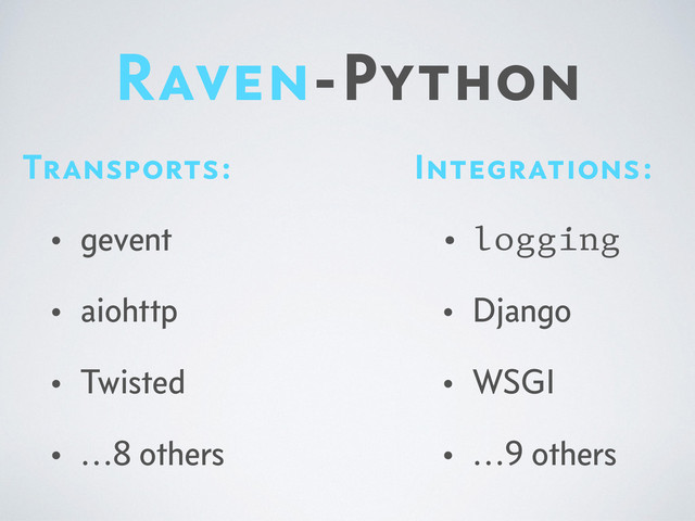 Raven-Python
Integrations:
• logging
• Django
• WSGI
• …9 others
Transports:
• gevent
• aiohttp
• Twisted
• …8 others

