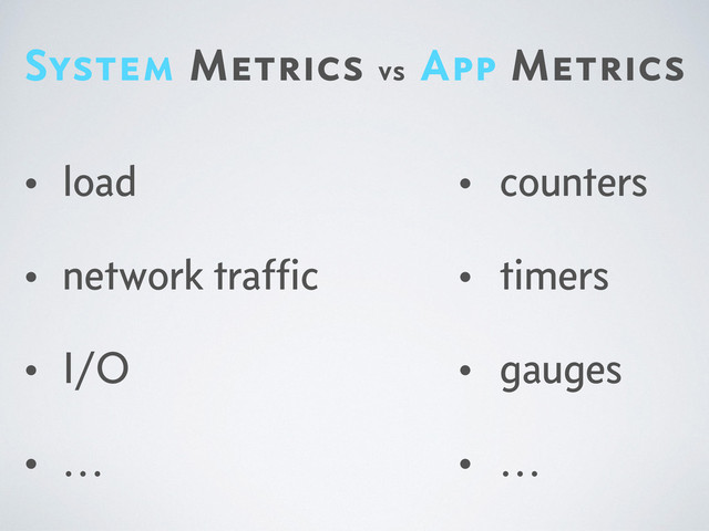 System Metrics vs App Metrics
• load
• network trafﬁc
• I/O
• …
• counters
• timers
• gauges
• …

