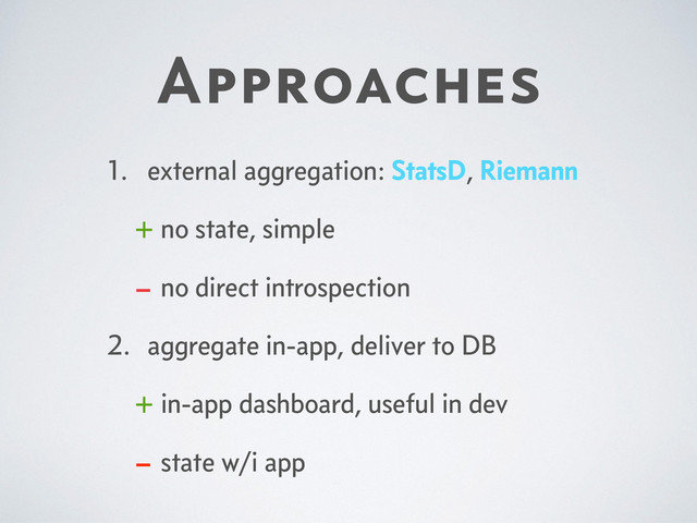 Approaches
1. external aggregation: StatsD, Riemann
+ no state, simple
– no direct introspection
2. aggregate in-app, deliver to DB
+ in-app dashboard, useful in dev
– state w/i app
