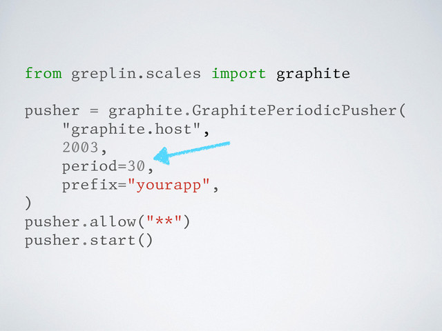 from greplin.scales import graphite
pusher = graphite.GraphitePeriodicPusher(
"graphite.host",
2003,
period=30,
prefix="yourapp",
)
pusher.allow("**")
pusher.start()
