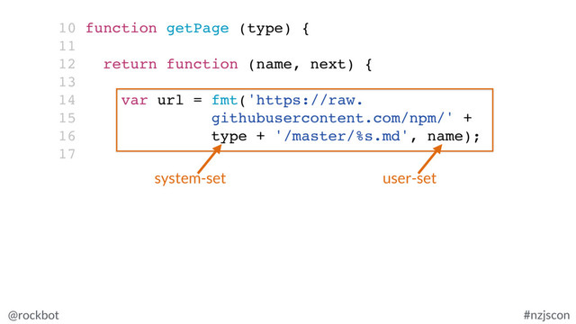 @rockbot #nzjscon
10 function getPage (type) {
11
12 return function (name, next) {
13
14 var url = fmt('https://raw.
15 githubusercontent.com/npm/' +
16 type + '/master/%s.md', name);
17
user-set
system-set
