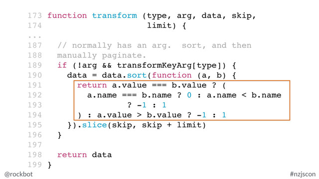 @rockbot #nzjscon
173 function transform (type, arg, data, skip,
174 limit) {
...
187 // normally has an arg. sort, and then
188 manually paginate.
189 if (!arg && transformKeyArg[type]) {
190 data = data.sort(function (a, b) {
191 return a.value === b.value ? (
192 a.name === b.name ? 0 : a.name < b.name
193 ? -1 : 1
194 ) : a.value > b.value ? -1 : 1
195 }).slice(skip, skip + limit)
196 }
197
198 return data
199 }
