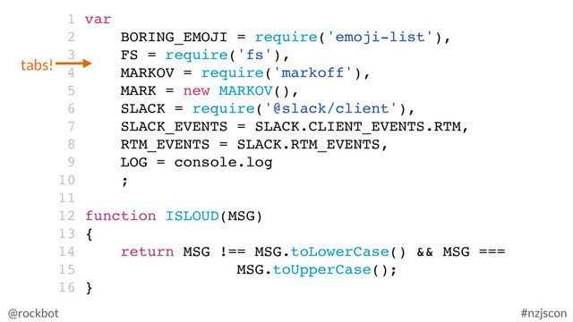 @rockbot #nzjscon
1 var
2 BORING_EMOJI = require('emoji-list'),
3 FS = require('fs'),
4 MARKOV = require('markoff'),
5 MARK = new MARKOV(),
6 SLACK = require('@slack/client'),
7 SLACK_EVENTS = SLACK.CLIENT_EVENTS.RTM,
8 RTM_EVENTS = SLACK.RTM_EVENTS,
9 LOG = console.log
10 ;
11
12 function ISLOUD(MSG)
13 {
14 return MSG !== MSG.toLowerCase() && MSG ===
15 MSG.toUpperCase();
16 }
tabs!
