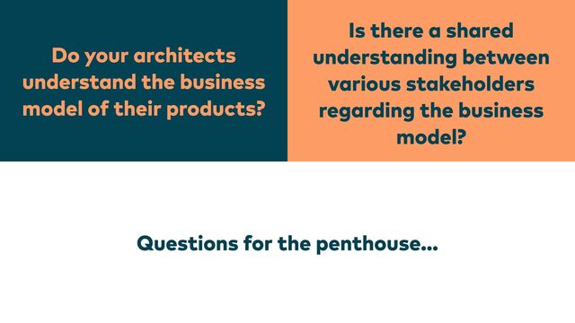 Do your architects
understand the business
model of their products?
Is there a shared
understanding between
various stakeholders
regarding the business
model?
Questions for the penthouse…
