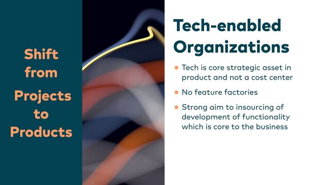 Shift
from


Projects
to
Products
Tech-enabled
Organizations
•Tech is core strategic asset in
product and not a cost center


•No feature factories


•Strong aim to insourcing of
development of functionality
which is core to the business


