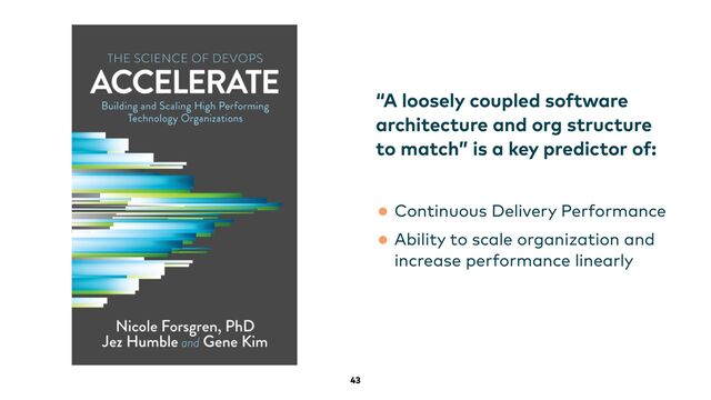 43
“A loosely coupled software
architecture and org structure
to match” is a key predictor of:


•Continuous Delivery Performance


•Ability to scale organization and
increase performance linearly
