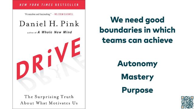 We need good
boundaries in which
teams can achieve
 
Autonomy


Mastery


Purpose
