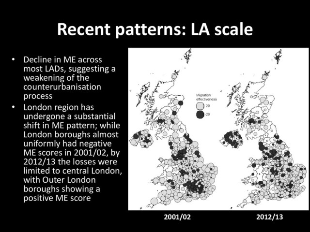 Recent patterns: LA scale
• Decline in ME across
most LADs, suggesting a
weakening of the
counterurbanisation
process
• London region has
undergone a substantial
shift in ME pattern; while
London boroughs almost
uniformly had negative
ME scores in 2001/02, by
2012/13 the losses were
limited to central London,
with Outer London
boroughs showing a
positive ME score
2001/02 2012/13
