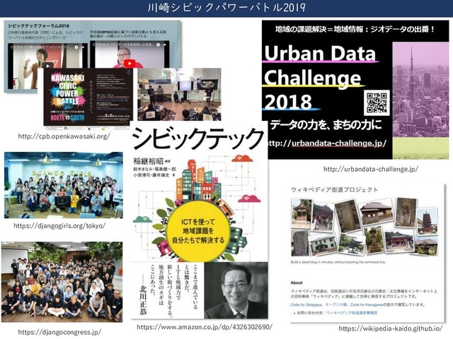 川崎シビックパワーバトル2019
http://urbandata-challenge.jp/
http://cpb.openkawasaki.org/
https://wikipedia-kaido.github.io/
https://www.amazon.co.jp/dp/4326302690/
https://djangocongress.jp/
https://djangogirls.org/tokyo/
