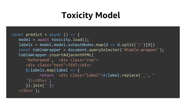 Toxicity Model
const predict = async () => {
model = await toxicity.load();
labels = model.model.outputNodes.map(d => d.split('/')[0])
const tableWrapper = document.querySelector('#table-wrapper');
tableWrapper.insertAdjacentHTML(
'beforeend', `<div class="row">
<div class="text">TEXT</div>
${labels.map(label => {
return `<div class="label">${label.replace('_', ‘
')}</div>`;
}).join('')}
</div>`);
