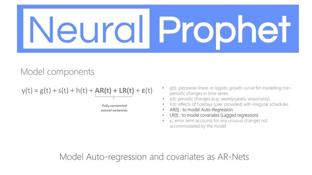 Model components
y(t) = g(t) + s(t) + h(t) + AR(t) + LR(t) + ε(t)
Fully connected
neural networks
• g(t): piecewise linear or logistic growth curve for modelling non-
periodic changes in time series
• s(t): periodic changes (e.g. weekly/yearly seasonality)
• h(t): effects of holidays (user provided) with irregular schedules
• AR(t) : to model Auto-Regression
• LR(t) : to model covariates (Lagged regression)
• εt
: error term accounts for any unusual changes not
accommodated by the model
Model Auto-regression and covariates as AR-Nets
