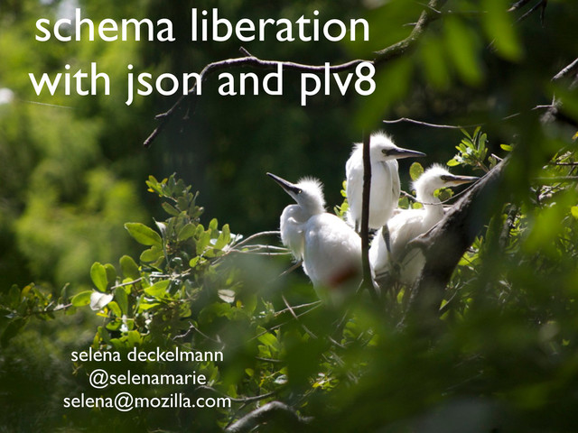 schema liberation
with json and plv8
selena deckelmann
@selenamarie
selena@mozilla.com
