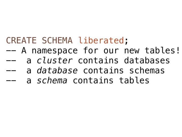 CREATE SCHEMA liberated;
-- A namespace for our new tables!
-- a cluster contains databases
-- a database contains schemas
-- a schema contains tables
