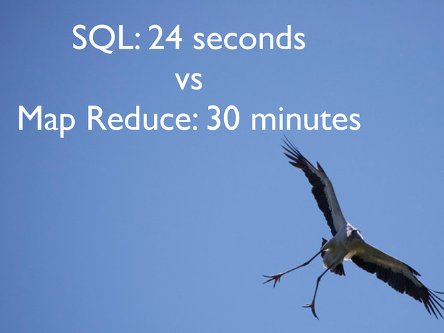 SQL: 24 seconds
vs
Map Reduce: 30 minutes
