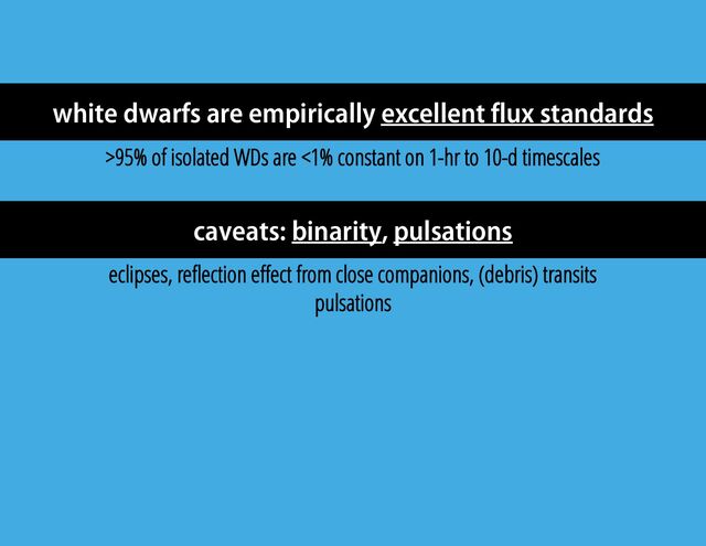 white dwarfs are empirically excellent flux standards
caveats: binarity, pulsations
>95% of isolated WDs are <1% constant on 1-hr to 10-d timescales
eclipses, reflection effect from close companions, (debris) transits
pulsations
