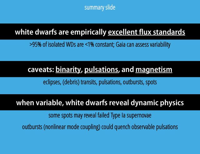 white dwarfs are empirically excellent flux standards
caveats: binarity, pulsations, and magnetism
when variable, white dwarfs reveal dynamic physics
summary slide
>95% of isolated WDs are <1% constant; Gaia can assess variability
eclipses, (debris) transits, pulsations, outbursts, spots
some spots may reveal failed Type Ia supernovae
outbursts (nonlinear mode coupling) could quench observable pulsations
