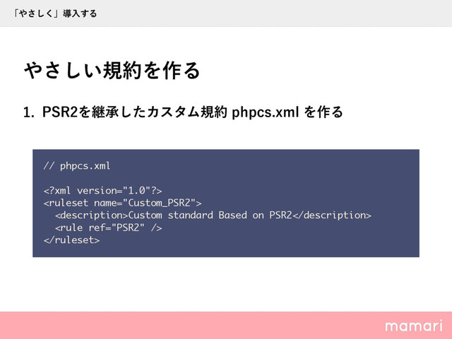  143Λܧঝͨ͠ΧελϜن໿QIQDTYNMΛ࡞Δ
΍͍͞͠ن໿Λ࡞Δ
// phpcs.xml


Custom standard Based on PSR2


ʮ΍͘͞͠ʯಋೖ͢Δ
