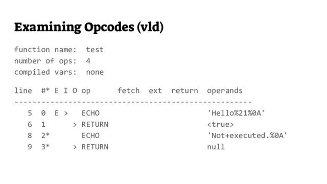 Examining Opcodes (vld)
function name: test
number of ops: 4
compiled vars: none
line #* E I O op fetch ext return operands
-----------------------------------------------------
5 0 E > ECHO 'Hello%21%0A'
6 1 > RETURN 
8 2* ECHO 'Not+executed.%0A'
9 3* > RETURN null

