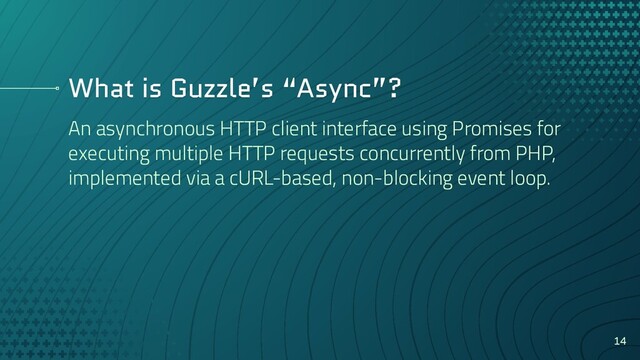 What is Guzzle’s “Async”?
An asynchronous HTTP client interface using Promises for
executing multiple HTTP requests concurrently from PHP,
implemented via a cURL-based, non-blocking event loop.
14
