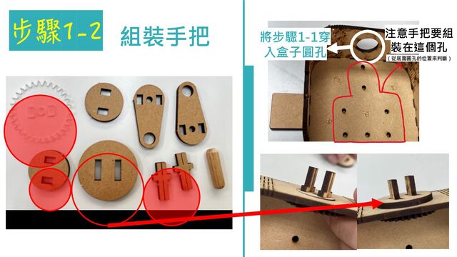 步驟1-2 組裝手把 注意手把要組
裝在這個孔
（從底面圓孔的位置來判斷）
將步驟1-1穿
入盒子圓孔

