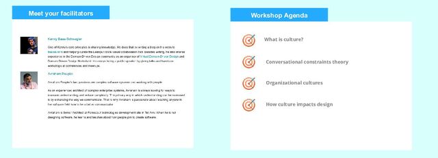 Workshop Agenda
What is culture?
Organizational cultures
How culture impacts design
Meet your facilitators
Conversational constraints theory
