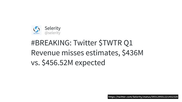 #BREAKING: Twitter $TWTR Q1
Revenue misses estimates, $436M
vs. $456.52M expected
Selerity
@selerity
https://twitter.com/Selerity/status/593129551221432320
