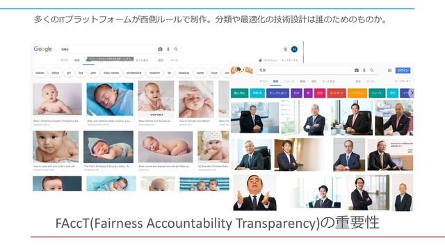 FAccT(Fairness Accountability Transparency)の重要性
多くのITプラットフォームが⻄側ルールで制作。分類や最適化の技術設計は誰のためのものか。
