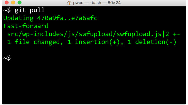 ~$ git pull
Updating 470a9fa..e7a6afc
Fast-forward
src/wp-includes/js/swfupload/swfupload.js|2 +-
1 file changed, 1 insertion(+), 1 deletion(-)
~$
