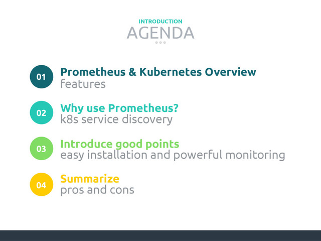 AGENDA
INTRODUCTION
features
02
01
03
04
Prometheus & Kubernetes Overview
Why use Prometheus?
Introduce good points
Summarize
k8s service discovery
easy installation and powerful monitoring
pros and cons
