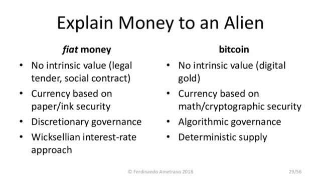 Explain Money to an Alien
fiat money
• No intrinsic value (legal
tender, social contract)
• Currency based on
paper/ink security
• Discretionary governance
• Wicksellian interest-rate
approach
bitcoin
• No intrinsic value (digital
gold)
• Currency based on
math/cryptographic security
• Algorithmic governance
• Deterministic supply
© Ferdinando Ametrano 2018 29/56
